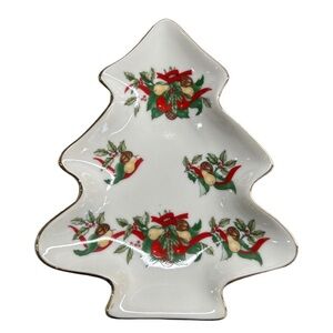 Vintage AMC Japan Ceramic Christmas Tree Shaped Serving Trinket Dish Gold Trim